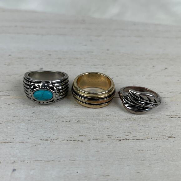 🫶🏼 Boho Rings Set Silver Leaves Gold Black Stripes Turquoise Howlite 5.5 6 6.5 - Picture 3 of 16
